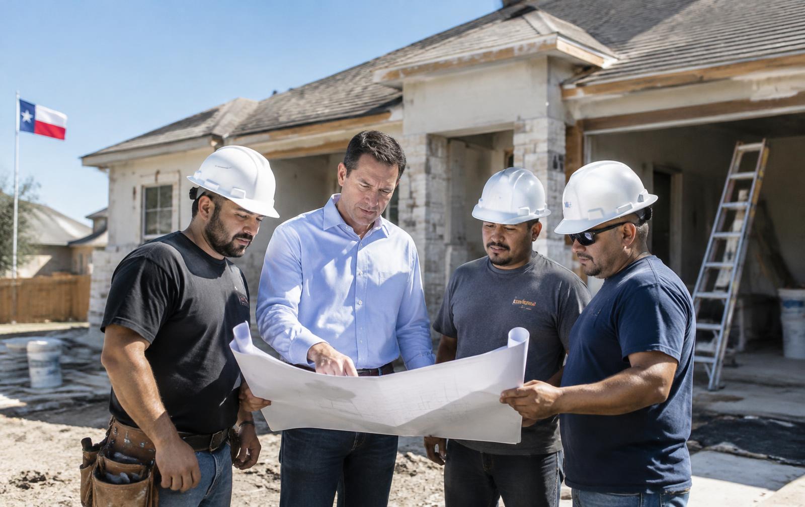 TX Homebuyer investor reviewing renovation plans with a small crew at a Texas house